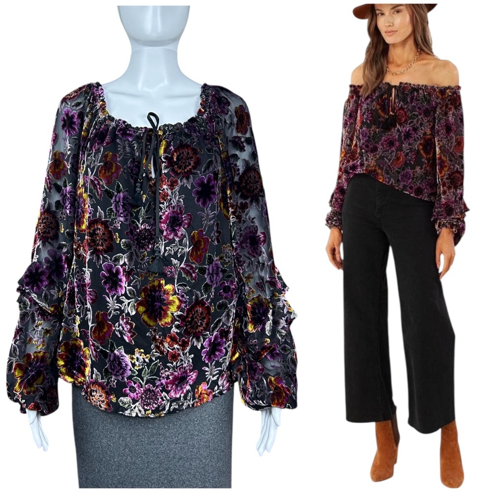 New Hale Bob Dark Floral Velvet Burnout Top Size L Whimsigoth Fairy Grunge
